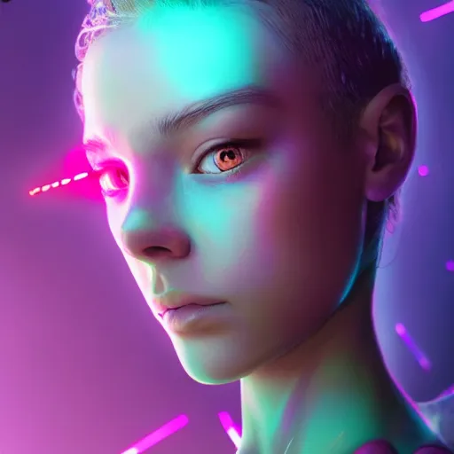 Image similar to A Stunning portrait of cyborg teen girl, art by Ross tran, vivid color palette, digital painting, 3D, octane render, post process in Photoshop, highly detailed, particles, light effect, volumetric lighting