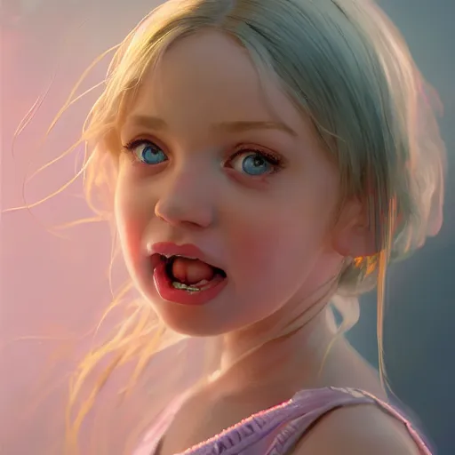 Image similar to a photorealistic dramatic fantasy render of adorable young girl, tounge out, blonde hair, blue eyes, in pink short mini skirt, by wlop, artgerm, greg rutkowski, alphonse mucha, beautiful dynamic dramatic sense of awe, lighting, shadows, cinematic atmosphere, artstation, concept design art, octane render, 8 k