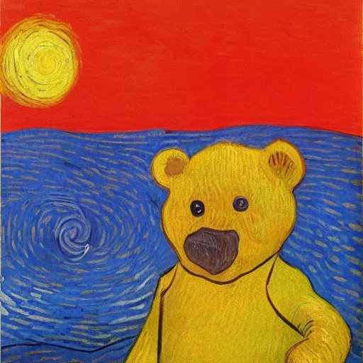 Image similar to vincent van gogh painting of a yellow teddy bear wearing a red shirt, sunset, lake