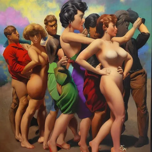 Image similar to riotous by alex alemany, by frank frazetta. a beautiful print of a group of people standing in a line. they are all facing the same direction & appear to be waiting for something.