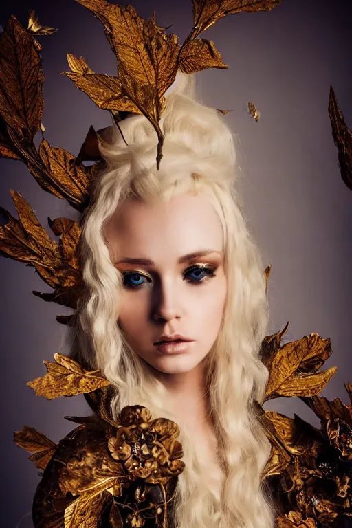 Prompt: very beautiful elven top model, golden hair, wearing alexander mcqueen gothic victorian armor with leaves and flowers, luxury materials, symmetrical, cinematic, elegant, professional studio light, real dlsr photography, sharp focus, 4 k, ultra hd, sense of awe, high fashion