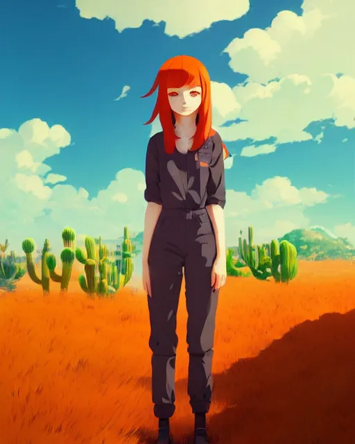 Prompt: portrait of cute redhead foxgirl in orange jumpsuit with fox ears by ilya kuvshinov, holding a cactus, cloudy sky background lush landscape illustration concept art anime key visual trending pixiv fanbox by wlop and greg rutkowski and makoto shinkai and studio ghibli