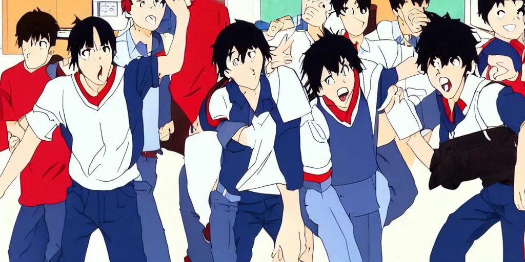 Image similar to a stil of a 90s OVA showing a man with a black hair wearing a red shirt screaming in a school