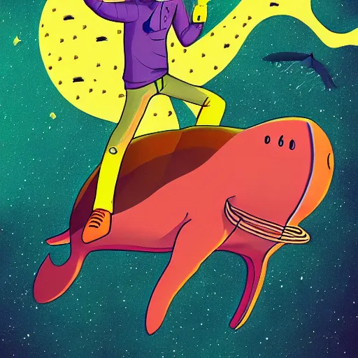 Image similar to Bojack Horseman riding a whale in space, beautiful digital art, trending on artstation, Bojack Horseman