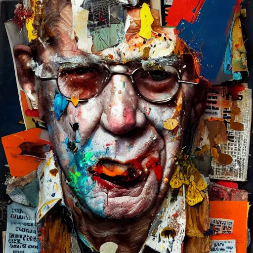 Image similar to hyperrealistic, photorealistic, mixed media oil painting of hunter s thompson, magazine scraps, plaster, blood, oil, mustard, splatter, greg rutkowski, basquiat, ralph steadman, wesley kimler