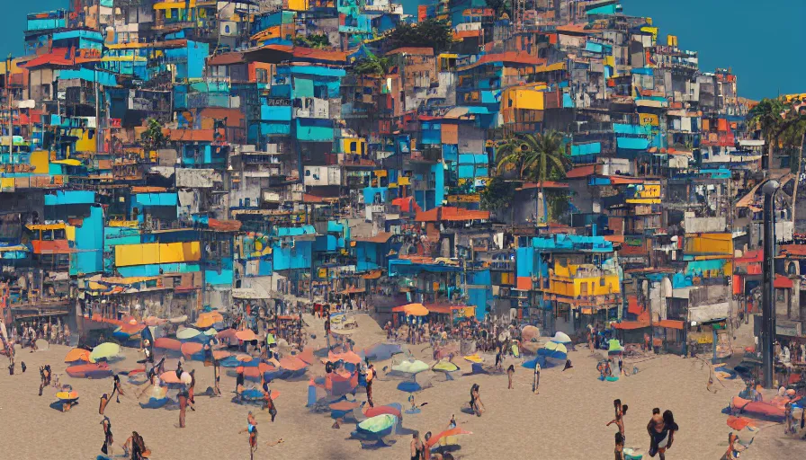 Prompt: favelas in rio, music dancing, locals, nightlife, hustlers and street - walkers, beach ocean fun octane render unreal 5, by piet mondrian