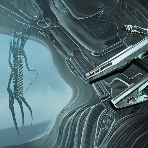 Image similar to a highly detailed painting of an alien multi tool with intricate futuristic gadgets in a sleek design, futuristic tech, alien knowledge, specialized tools, 8 k, 4 k, highly detailed, sharp