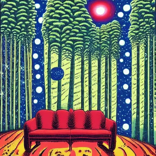 Prompt: psychedelic trippy couch pine forest, planets, milky way, sofa, cartoon by rob gonsalves spruce pine evergreen