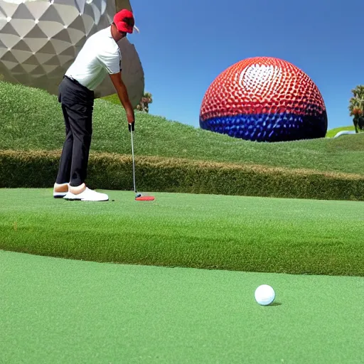 Image similar to a giant playing golf using epcot as the ball in real life, highly detailed, extremely high resolution, ultra realistic