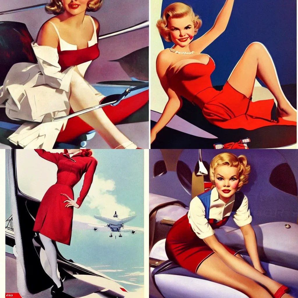 Prompt: Tuesday Weld as a TWA stewardess in 1964, concept art by Gil Elvgren and Mort Kunstler