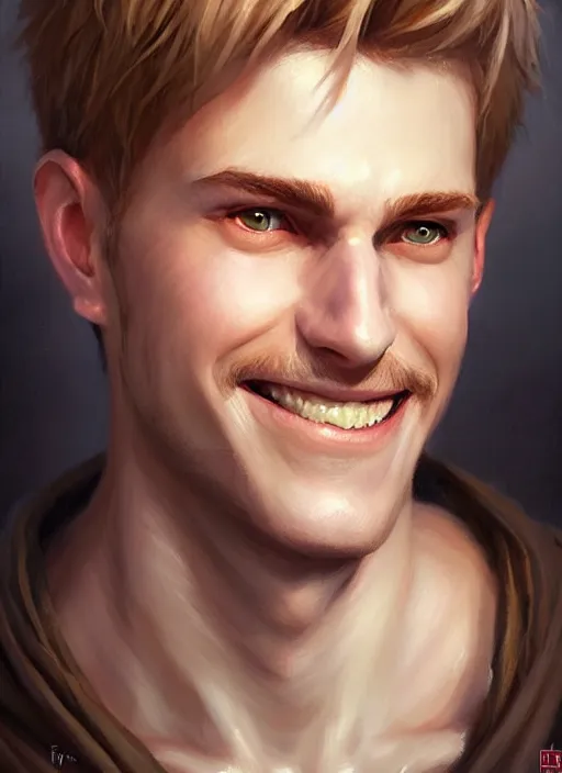 Image similar to a _ fantasy _ style _ portrait _ painting _ of white male short fringe light brown hair short face grinning, rpg dnd oil _ painting _ unreal _ 5 _ daz. _ rpg _ portrait _ extremely _ detailed _ artgerm _ greg _ rutkowski _ greg