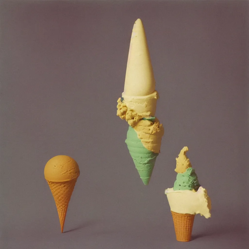 Prompt: color photograph of grotesque levitating ice cream cone made of pure mystery by Man Ray