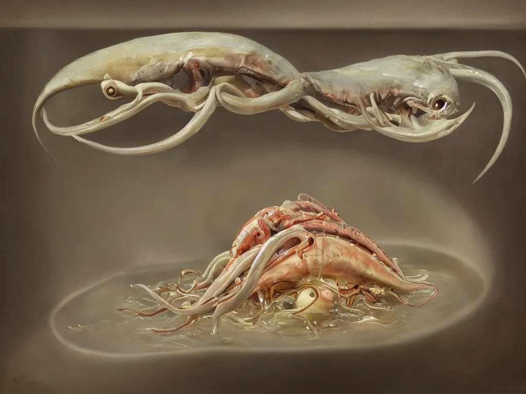 Prompt: a perfect hyperrealist painting of a creature. part man, part squid, being compressed into a domestic microwave oven. screaming and panic. fine art, gallery lighting, solemn, and exquisite