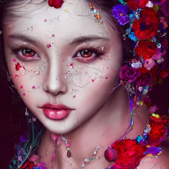 Image similar to studio portrait absurdly beautiful, elegant, graceful, young hypercolorful sensual gravure idol rubies red petals gems, ultrafine hyperrealistic detailed face illustration by kim jung gi, irakli nadar, intricate linework, sharp focus, bright colors, matte, octopath traveler, final fantasy, unreal engine highly rendered, global illumination, radiant light, intricate rainbow environment