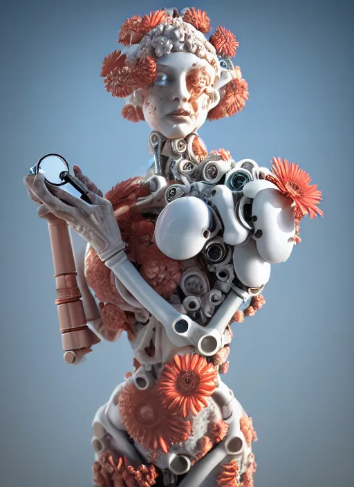 Image similar to biomechanical marble statue with porcelain skin coral and daisies carrying a bottle of perfume, up close shot, sharp focus, global illumination, radiant light, alexandre ferra white mecha, irakli nadar, octane highly render, 4 k, ultra hd,