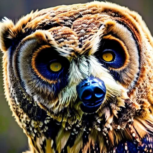 Image similar to An animal that has the body of a bear and the head of an owl, The animal has the body of a bear, with fur, the bear is brown, it's owls head has feathers, the owls face eyes are yellow , 8k, ultra realistic, professional photography