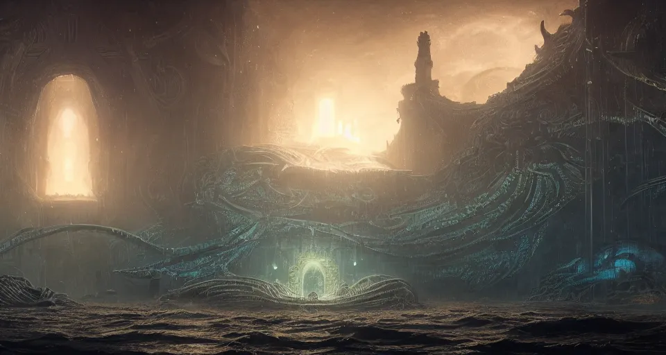 Image similar to atlantide, the lost underwater city, cthulhu, intricate, elegant, glowing lights, highly detailed, digital painting, artstation, concept art, smooth, sharp focus, illustration, loneliness, great space, greg rutkowski, 8 k, very high resolution, astrophotography, processing, extremely hyperdetailed