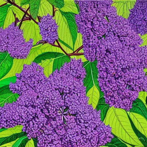 Prompt: a vibrant, hyper-detailed, hand-colored, lithograph of lilacs, by Elizabeth Twinning