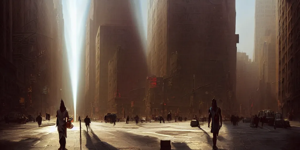 Image similar to an egyptian god walking the streets of new york, god rays, digital art, landscape, fantasy art, octane render, unreal engine, high detail, very realistic, by greg rutkowski. by james gurney