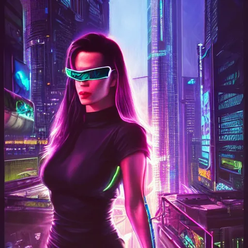 Image similar to epic portrait of cyberpunk Carpenter Charisma wearing mirrorshades, Night City, cyberpunk 2077, neon megacity in the background, angry and bored, illustration, soft lighting, soft details, painting oil on canvas by mark arian by artgerm, trending on artstation, 4k, 8k, HD