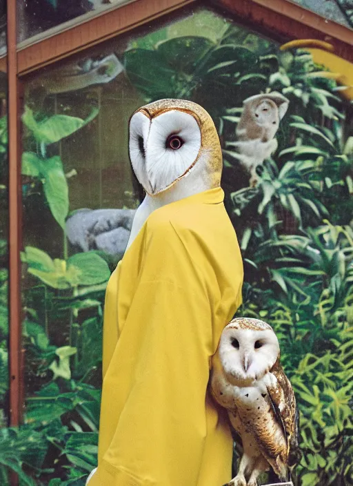 Prompt: grainy head to shoulder portrait Polaroid film photograph of an elegant top model wearing a yellow kimono with a very detailed barn owl on her shoulder!!! in a tropical greenhouse. looking at the camera!!. super resolution. Extremely detailed. Polaroid 600 film. art by James Gurney.