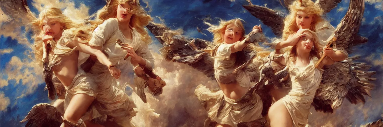 Image similar to a cinematic shot of a blonde young girl killing angels in the sky, the sky is blue, the angels are crying, the young girl is filled with hate, extremely realistic and highly detailed painting by gaston bussiere and j. c. leyendecker 8 k