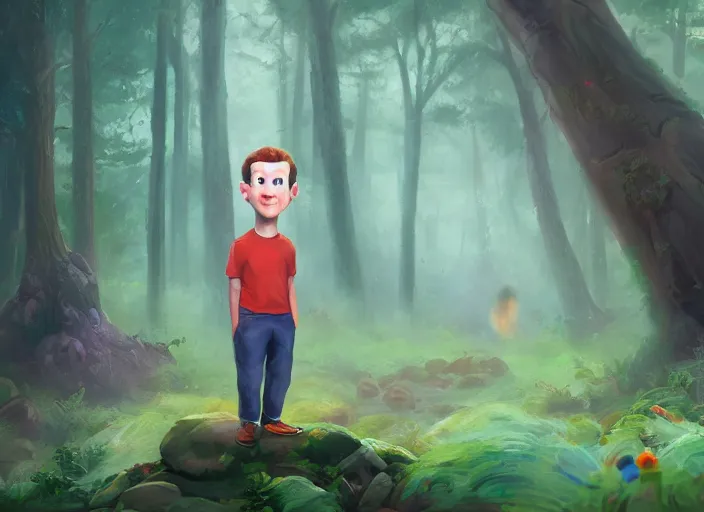 Prompt: a cartoonish cute anthropomorphic mark zuckerberg is in a mystical forest full of wonders, pine trees, magical atmosphere, trending on artstation, 30mm, by Noah Bradley trending on ArtStation, deviantart, high detail, stylized portrait H 704