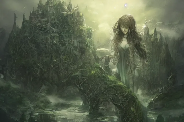 Image similar to green fairy land, beautiful, mesmerizing, concept art, highly detailed, smooth, fantastical, cinematic, artstation, inspired by monstress, sana takeda