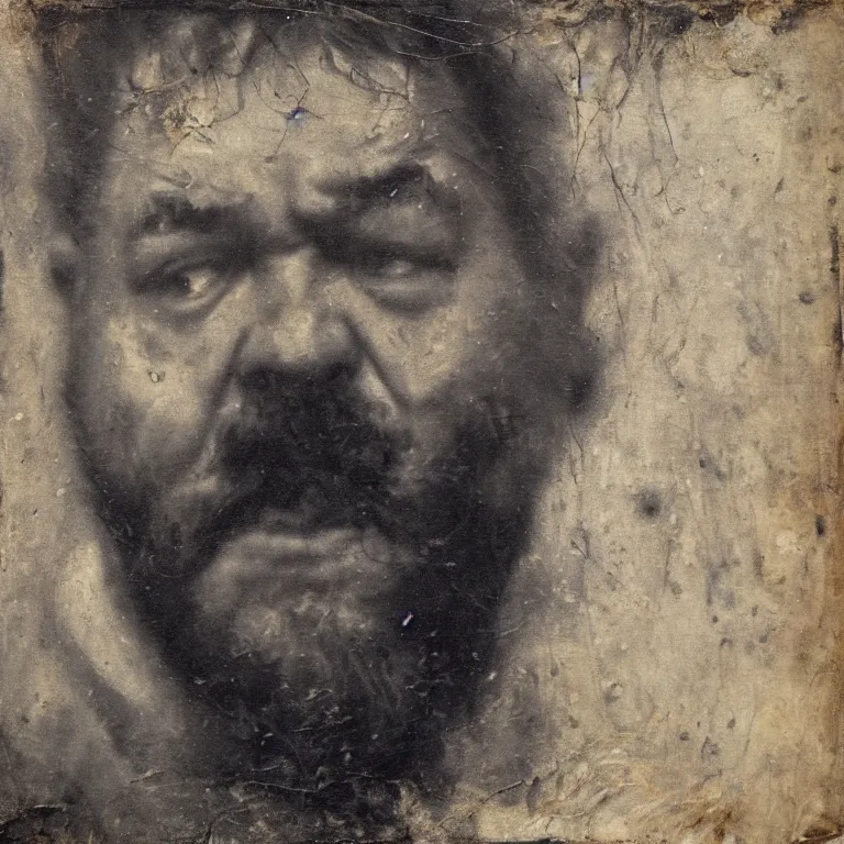 Prompt: Antique tintype of Beautiful warmly lit close up expressionistic studio portrait of very angry! unattractive chubby man with a stubbly beard singing angrily!, impasto oil painting heavy brushstrokes by Cy Twombly and Anselm Kiefer , trending on artstation dramatic lighting abstract Expressionism