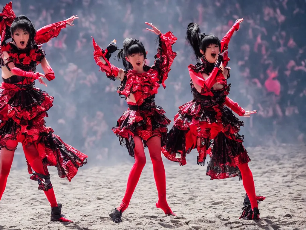 Image similar to babymetal performing on a tropical beach beautiful, scenery, High Definition detail, 8K, photography