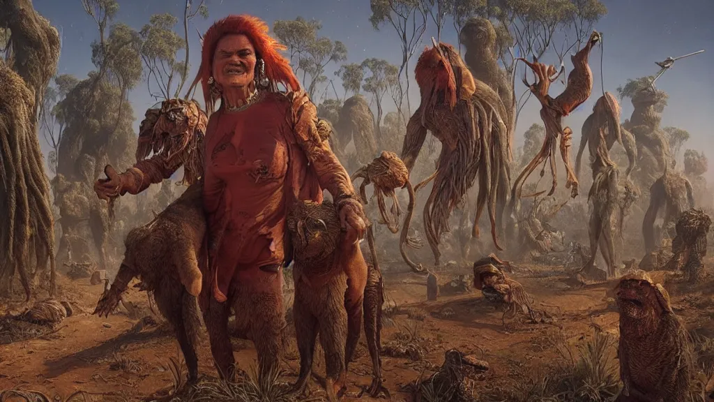 Prompt: Pauline Hanson as an Australian Aboriginal, by Moebius and Giger, greg rutkowski, very coherent, cinematic, hyper realism, high detail, vivid colors, octane render, unreal engine, 8k, Smooth gradients, High contrast, depth of field by Jacek Yerka