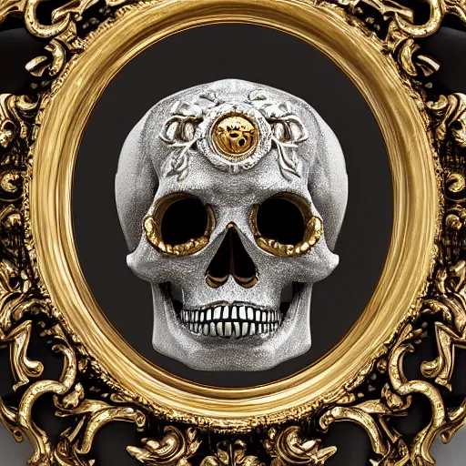 Image similar to a portrait of a beautiful ornate and intricate rococo skull with silver and gold details and diamonds inside a rococo frame, 4k, octane render, vray, unreal engine, photorealistic