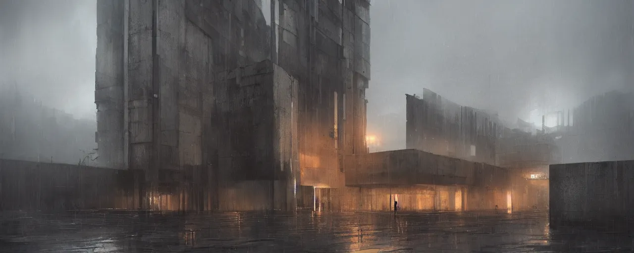 Image similar to brutalist architecture, metal, concrete, night, rain, drama, stunning volumetric lighting, 8K, trending on artstation, by greg rutkowski