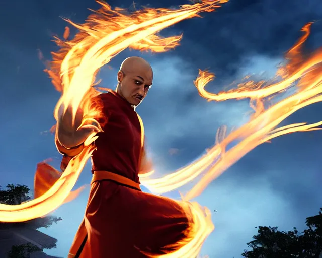 Image similar to Fire bending male emperor, epic, photorealistic, action shot, epic lighting