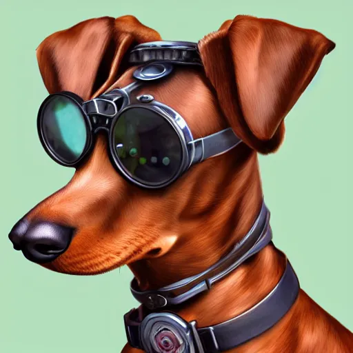 Prompt: a profile picture of a dachshund with steampunk googles, by ROSS tran, 4k