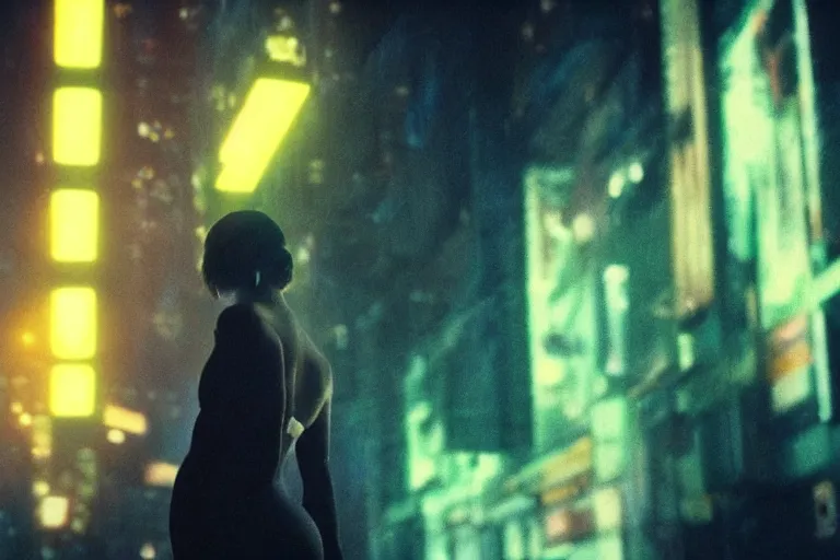 Image similar to VFX movie portrait closeup beautiful blade runner giant hologram woman natural skin, natural night street lighting in the city alley by Emmanuel Lubezki
