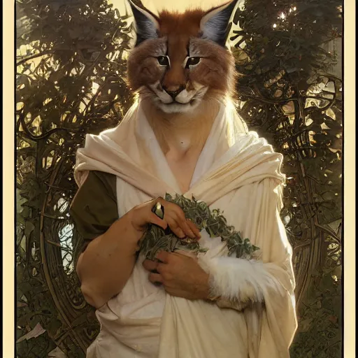 Prompt: concept art, a cute fluffy caracal, laurel wreath on his head, 8 k, alphonse mucha, james gurney, greg rutkowski, john howe, artstation