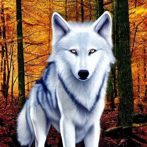 Prompt: white wolf with blue eyes in the autumn forest, blue eyes, realistic, 8 к, fullbody