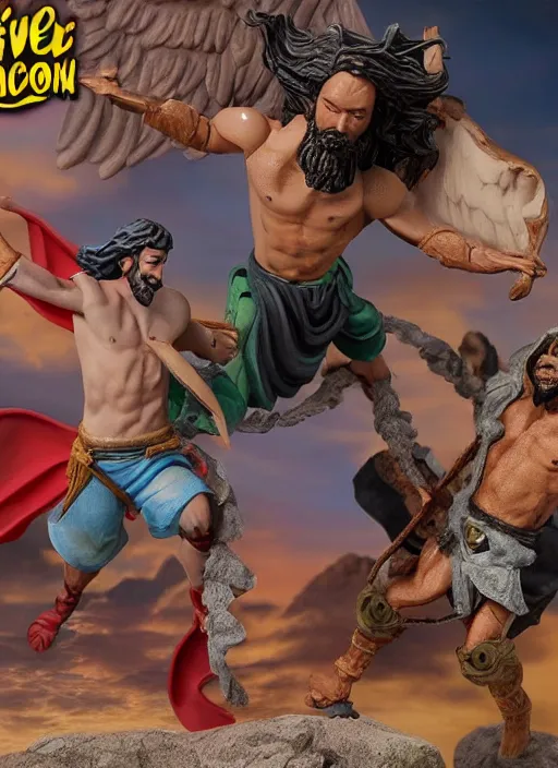 Prompt: Jesus vs the Devil in the flying sandals of salvation action figures toy pack