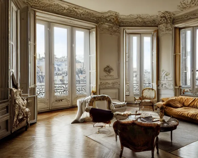 Prompt: a beautiful parisian apartment with and antique furniture with a view of the city, interior design, architecture, key lighting, soft lights, by steve hanks, by edgar maxence, by caravaggio, by michael whelan, by delacroix, by serov valentin, by tarkovsky, 8 k render, detailed, oil on canvas