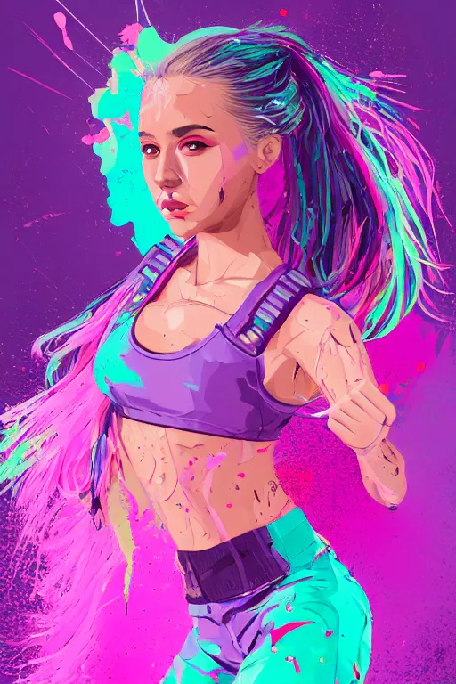 Prompt: a award winning half body porttrait of a beautiful woman in a croptop and cargo pants with ombre purple pink teal hairstyle with head in motion and hair flying, paint splashes, splatter, outrun, vaporware, shaded flat illustration, digital art, trending on artstation, highly detailed, fine detail, intricate