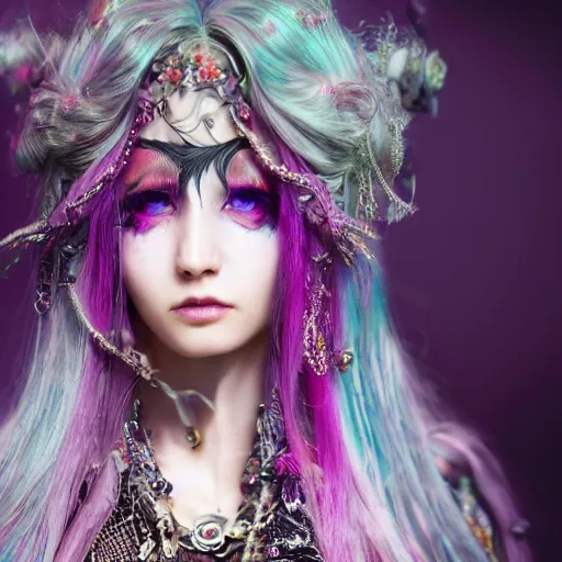 Image similar to Ethereal, mysterious stunning maximalist mesmerizing girl from the rainbow sky paradise, high-tech, professional high fashion model photo shoot for visual kei fashion, hyperdetailed by Mark Ryden and artgerm and Hiroyuki-Mitsume Takahashi, close-up 35mm macro shot, hyperrealism, 8k resolution 3D, cinematic, dynamic lighting, octane render, unreal engine 5