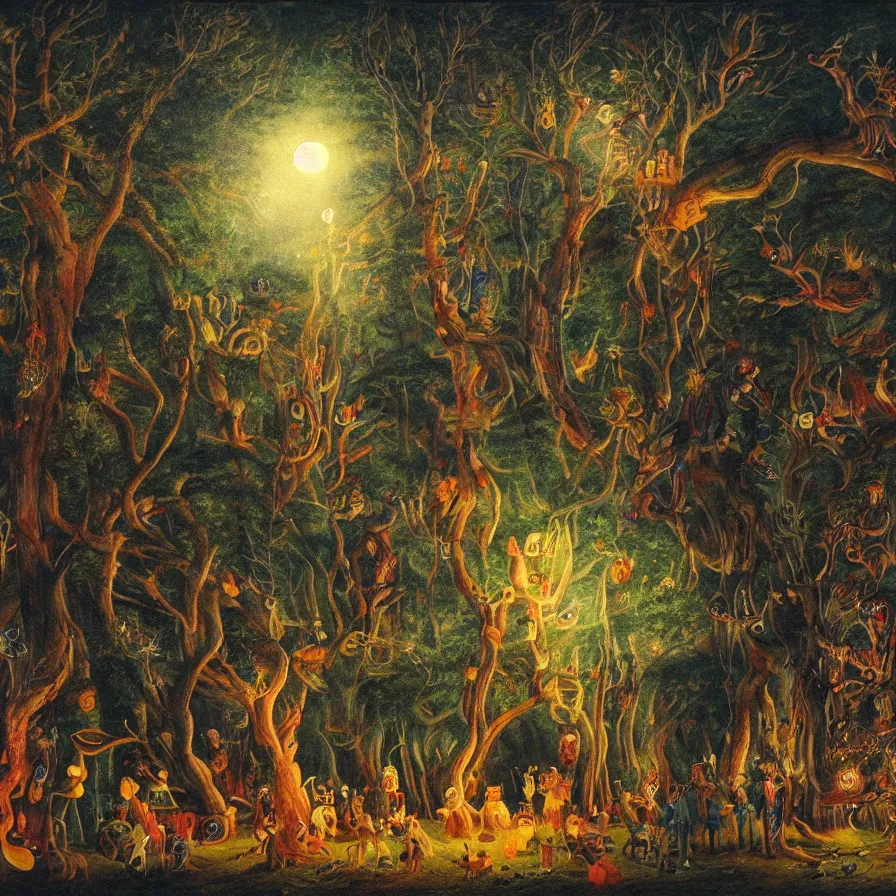 Prompt: a night carnival around a magical tree cavity, with a surreal orange moonlight and fireworks in the background, next to a lake with iridiscent water, christmas lights, folklore animals and people disguised as fantastic creatures in a magical forest by summer night, masterpiece painted by joseph von fuhrich, dark night environment