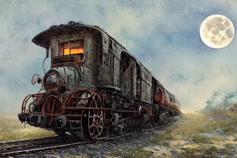 Image similar to an old locomotive, by jean - baptiste monge, eerie moon eclipse cinematic scenery