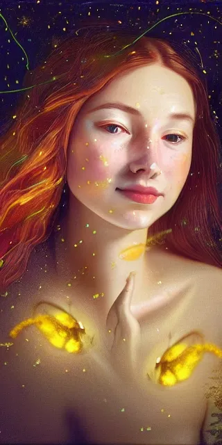 Image similar to infp young woman, smiling, amazed by golden fireflies lights, sitting in the midst of nature fully covered, long loose red hair, intricate linework, green eyes, small nose with freckles, oval shape face, realistic, expressive emotions, dramatic lights mystical scene, hyper realistic ultrafine art by artemisia gentileschi, albert bierstadt, artgerm