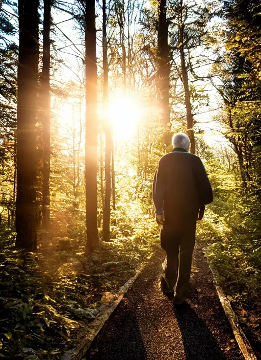 Image similar to a 3 5 mm photo from the back of a senior citizen walking in the woods, splash art, movie still, bokeh, canon 5 0 mm, cinematic lighting, dramatic, film, photography, golden hour, depth of field, award - winning, anamorphic lens flare, 8 k, hyper detailed, 3 5 mm film grain