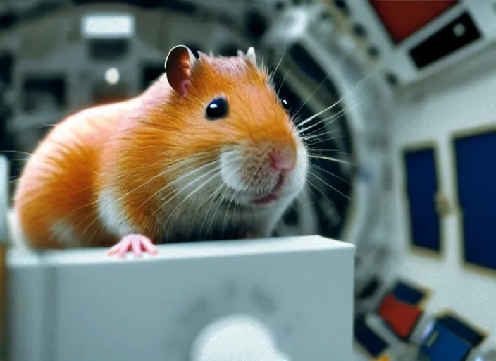 Image similar to film still of a hamster working for mission control at nasa, 8 k