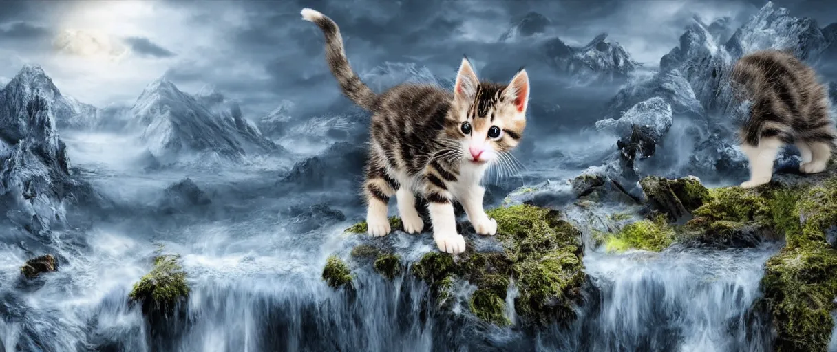 Prompt: Kitten army realistic 4k HD fantasy world water trees mountains ice snow fog