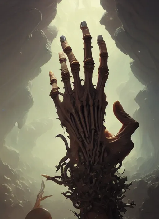 Image similar to Highly detailed skeletal hand, Stephen Bliss, unreal engine, fantasy art by Greg Rutkowski, Loish, Rhads, Makoto Shinkai and Lois van baarle, ilya kuvshinov, rossdraws, Tom Bagshaw, global illumination, radiant light, detailed and intricate environment