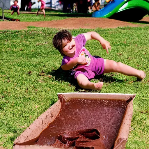 Image similar to kid sliding down chocolate pudding head first, slip n slide, photo taken at the park